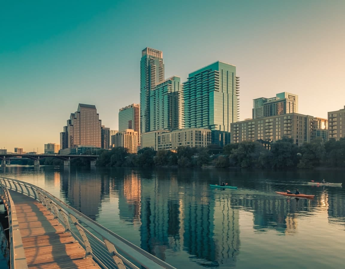 The Austin, Texas skyline along Lady Bird Lake at golden hour