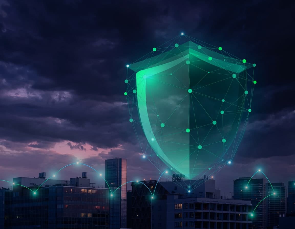 A digital security shield protecting a city skyline
